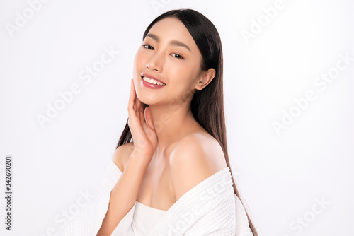 Beautiful Young Asian Woman with Clean Fresh Skin. Face care, Facial treatment, Cosmetology, beauty and healthy skin and cosmetic concept, woman beauty skin isolated on white background