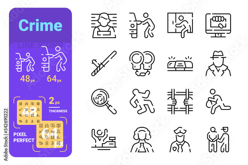 Set crime simple lines icons of equipment for catching criminals.