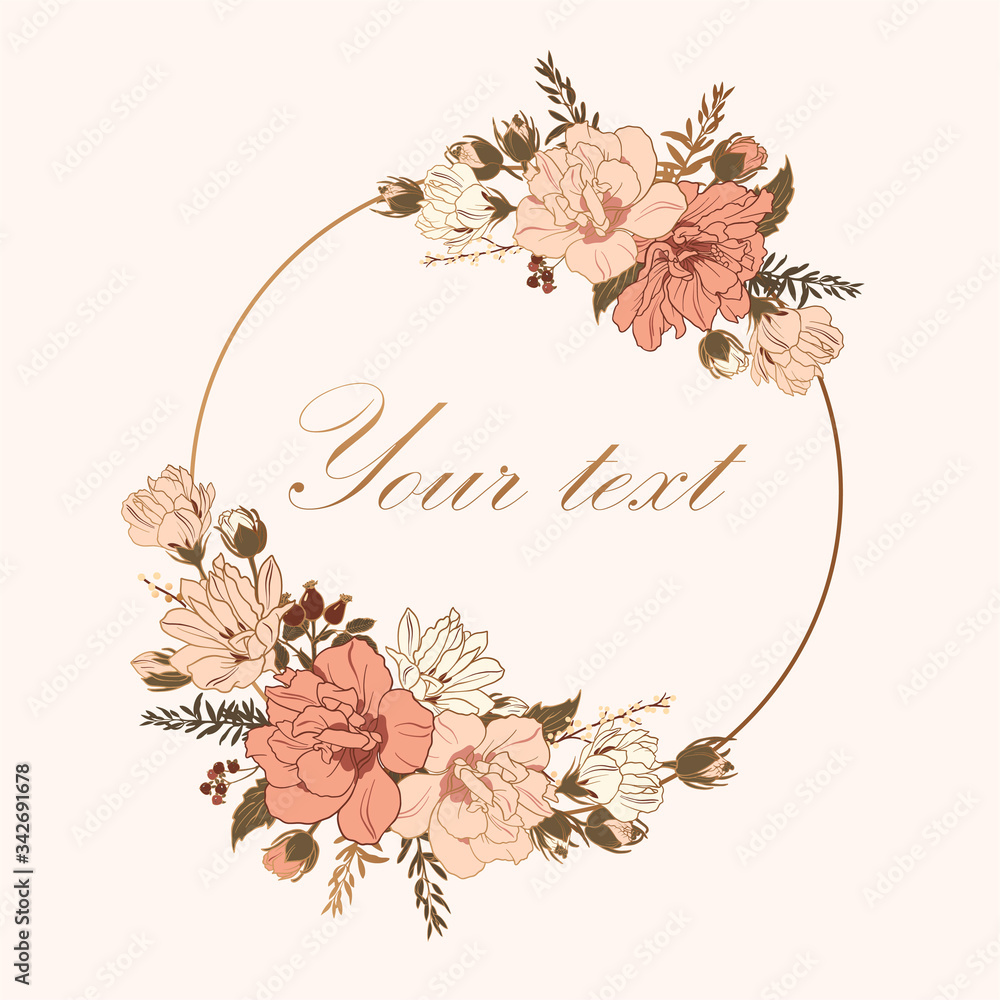 Floral round frame template for inscriptions. Background for text.