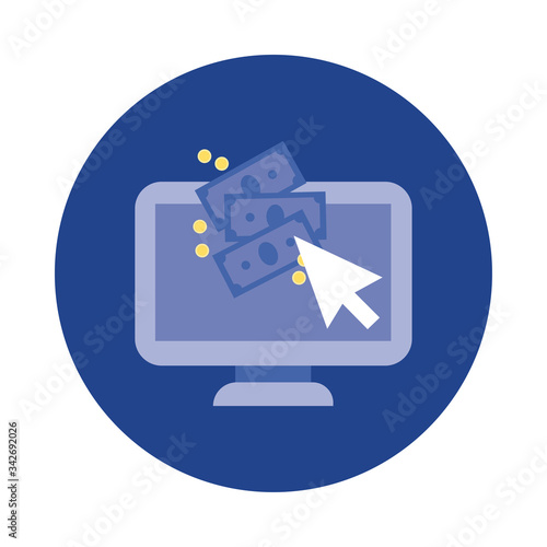 desktop with bills dollars block and flat style icon
