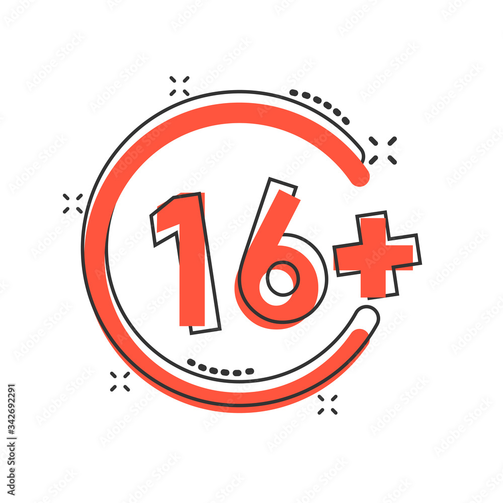 Sixteen plus icon in comic style. 16+ cartoon vector illustration on white isolated background. Censored splash effect business concept. Sixteen plus icon in comic style. 16+ cartoon vector illustration on white isolated background. Censored splash effect business concept.