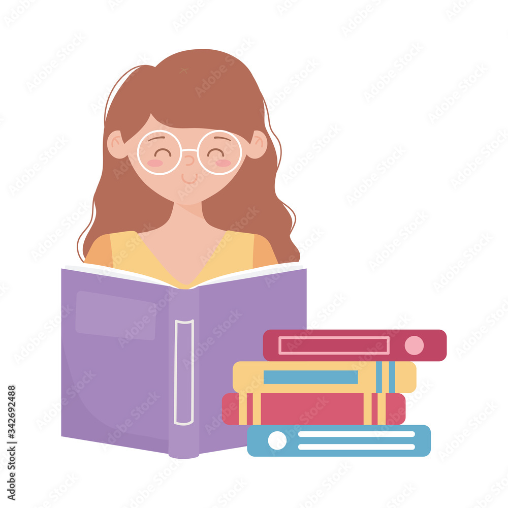 stay at home, young woman wearing glass with stack books stay at home, young woman wearing glass with stack books