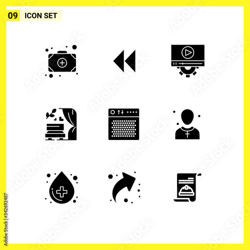 Set of 9 Modern UI Icons Symbols Signs for device, amplifier, play, wedding arch, love photo