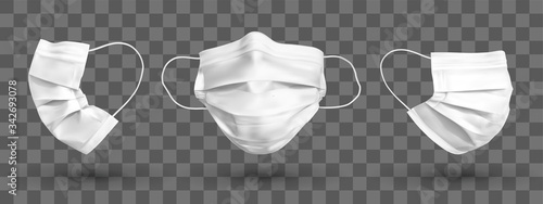 Protective face mask or medical mask. To protect coronavirus and infection. White medical mask set isolated on transparent background. Realistic vector illustration