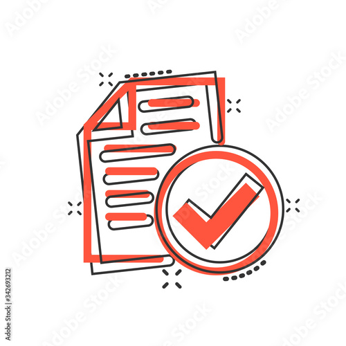 Approved document icon in comic style. Authorize cartoon vector illustration on white isolated background. Agreement check mark splash effect business concept.