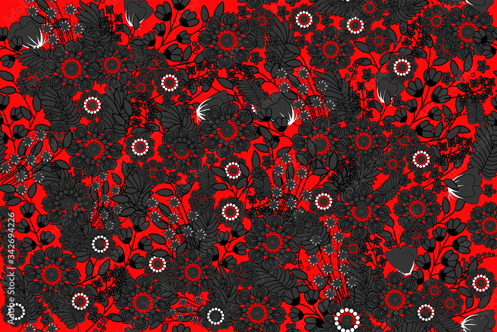 Dark gray flowers on a red background. Abstract wallpaper.