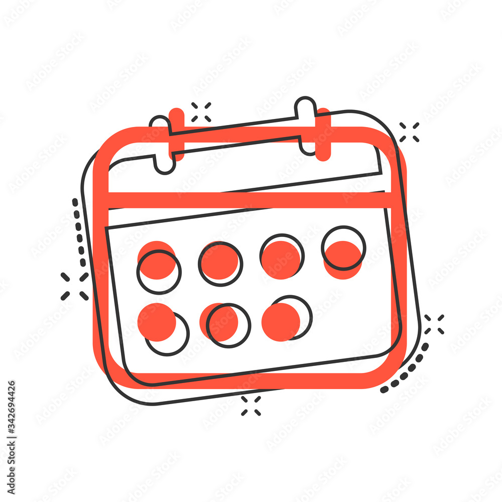 Calendar icon in comic style. Agenda cartoon vector illustration on white  isolated background. Schedule planner splash effect business concept. Stock  Vector | Adobe Stock