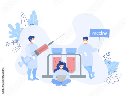 Scientists with a vaccine. Doctors with a syringe and test tubes are ready to vaccinate people. Vector illustration in flat style. Drug development, testing. Prevention of viruses, flu, coronavitus. photo