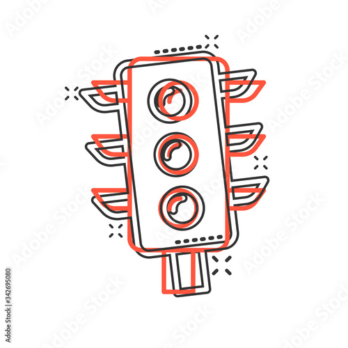 Semaphore icon in comic style. Traffic light cartoon vector illustration on white isolated background. Crossroads splash effect business concept.