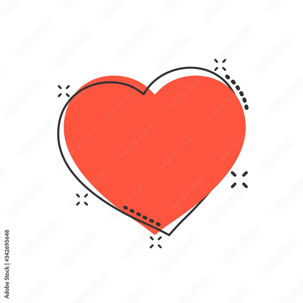 Heart icon in comic style. Love cartoon vector illustration on white isolated background. Romantic splash effect business concept.