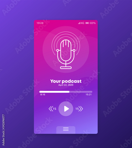 Podcast app, mobile ui vector design