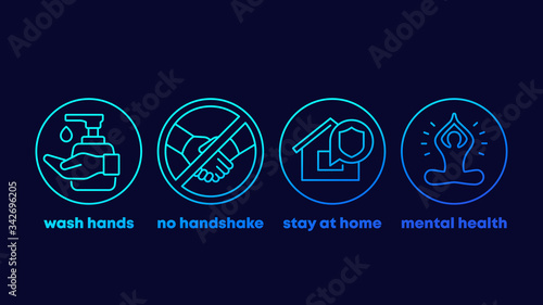 stop coronavirus advices, wash hands, stay at home line icons