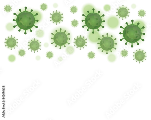 Graphic illustration of Corona virus, covid-19 background, Green virus, white background, vector. Pandemic, pattern, copy space, empty space for text