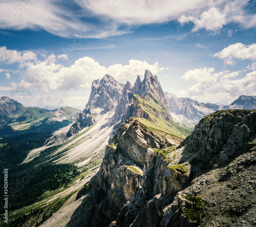 Seceda mount and blue sky from above. Trentino, Dolomites, Italy