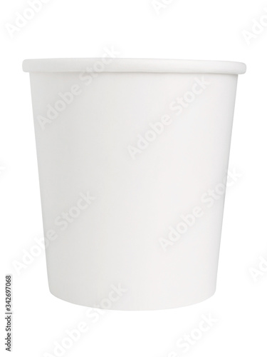 Close-up of blank white paper cup isolated on white background