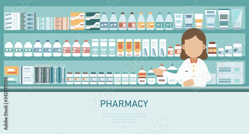 Medical banner with pharmacy counter and pharmacist vector illustration