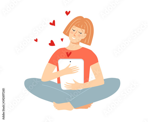 Pretty woman smiling character sit in lotus pose holding tablet chatting, dating online, like hearts fly from screen. Internet dating romance love and social network concept. Vector flat illustration.