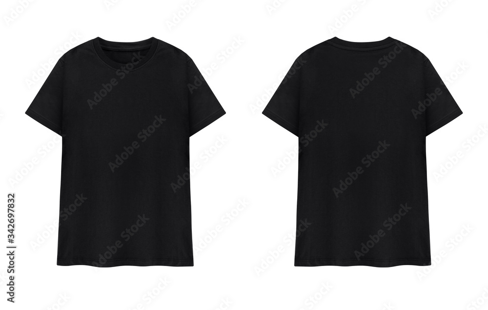 Black T-shirt front and back on white background. Black T-shirt front and back on white background.