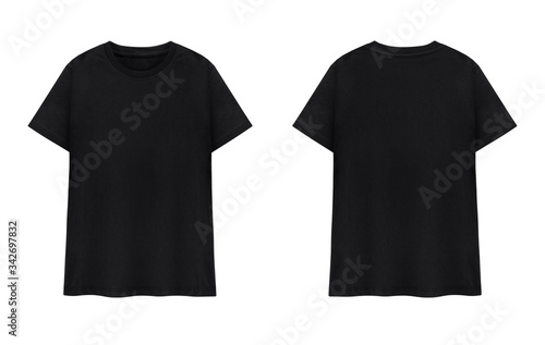Black T-shirt front and back on white background.