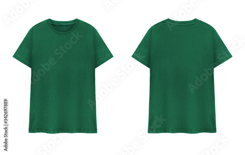 Green T-shirt front and back on white background.