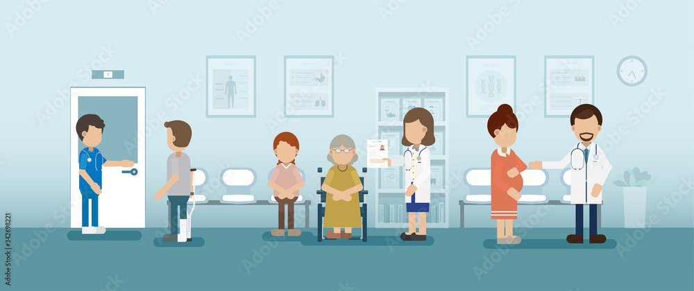 Doctor with patient in waiting area vector illustration Doctor with patient in waiting area vector illustration