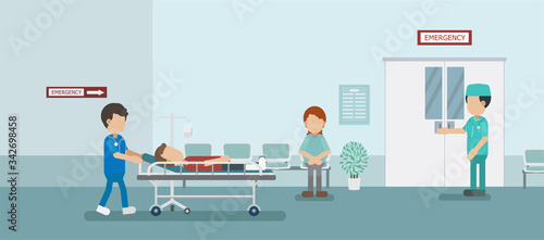 Fototapeta Naklejka Na Ścianę i Meble -  Doctor with injured patient in bed flat design vector illustration