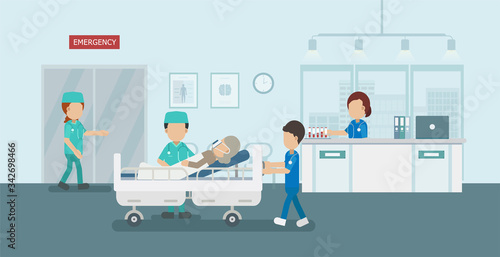 Doctor with critical patient in bed flat design vector illustration