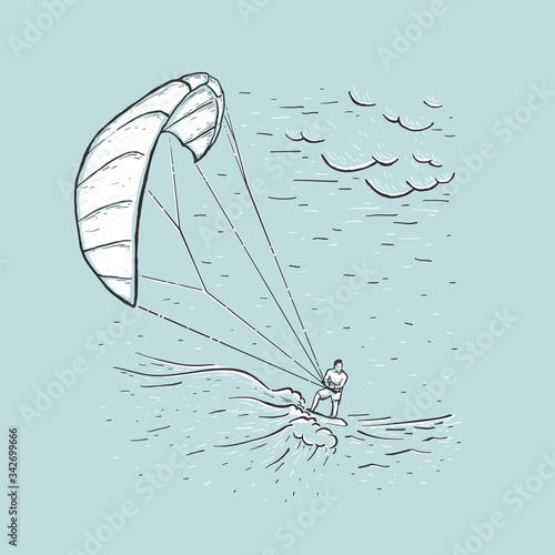 Kite surfing. Sketch vector blue illustration with hand drawn kite surfer, clouds, wave. Water sports. Free ride. Extreme sports. Design for print, cover, poster, card and banner