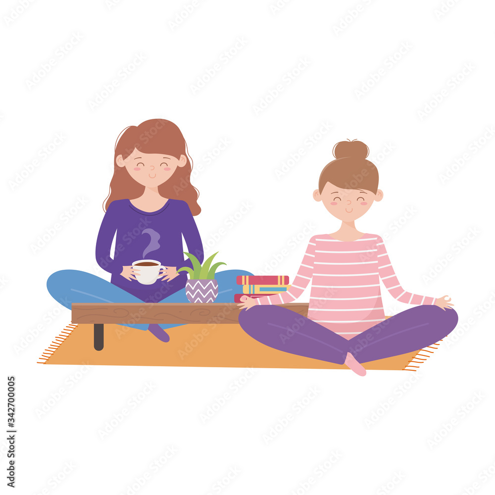 stay at home, pregnant woman and girl sitting in floor
