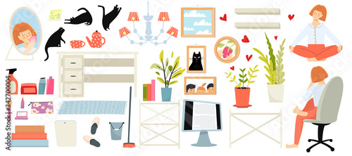 Household items and woman, room interior clipart objects collection. Furniture, houseplants, chair, mirror, carpet, wall art pictures in frames, black cats. Cozy house vector isolated objects.