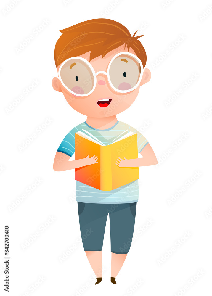 Boy read aloud book cute character standing holding open textbook and study. Kindergarten and school fun ABC cartoon for children, learning to read schoolboy. Watercolor style vector isolated clipart