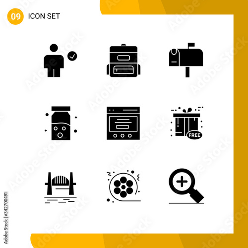 Modern Set of 9 Solid Glyphs and symbols such as slider, communication, mail, medical, health photo