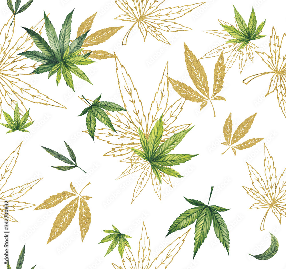 A pattern of green and gold marijuana leaves on a white background. Watercolor illustration.