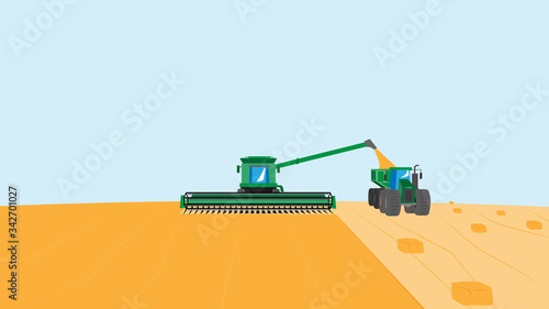 Vector illustration of agriculture with a combine harvester in the field. Harvest time. Harvesting grain plants.