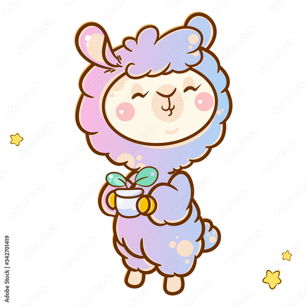 Vector cartoon element for design. Kawaii rainbow Llama with flower pot. Cute illustration for kids design, posters, prints or cards Vector cartoon element for design. Kawaii rainbow Llama with flower pot. Cute illustration for kids design, posters, prints or cards