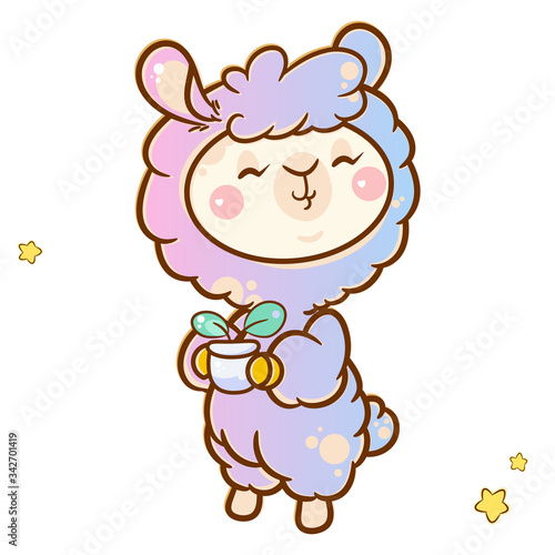 Vector cartoon element for design. Kawaii rainbow Llama with flower pot. Cute illustration for kids design, posters, prints or cards