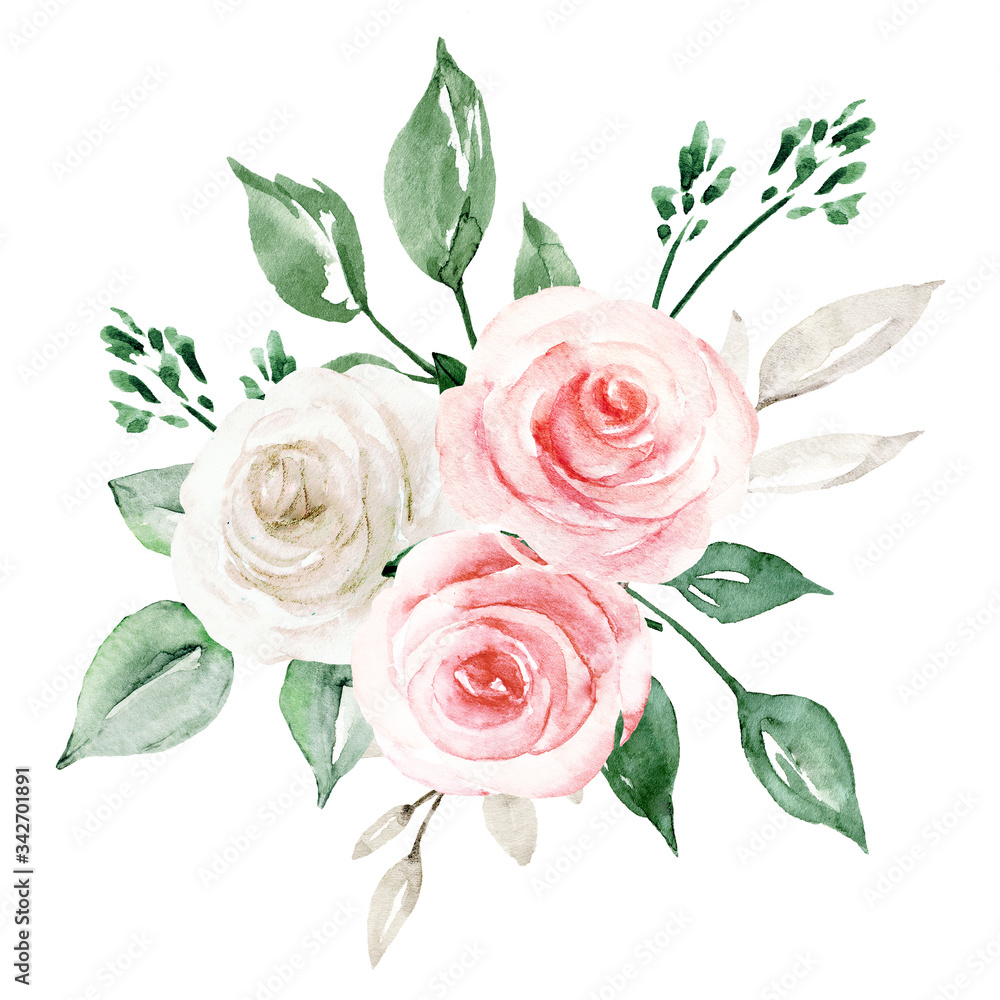 Pink roses watercolor painting, floral clip art. Flowers composition perfectly for printing design on wedding invitation, greeting card, wall art and other. Isolated on white background. 