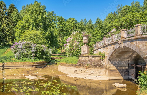Old bridge in spring, with blooming lilacs, park