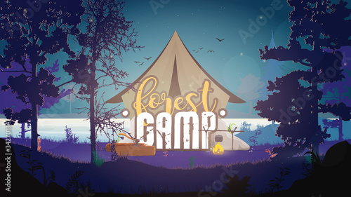 Banner of the forest camp. Tent in the night forest. Forest, bonfire, logs, ax, tent, river, trees. Vector illustration.
