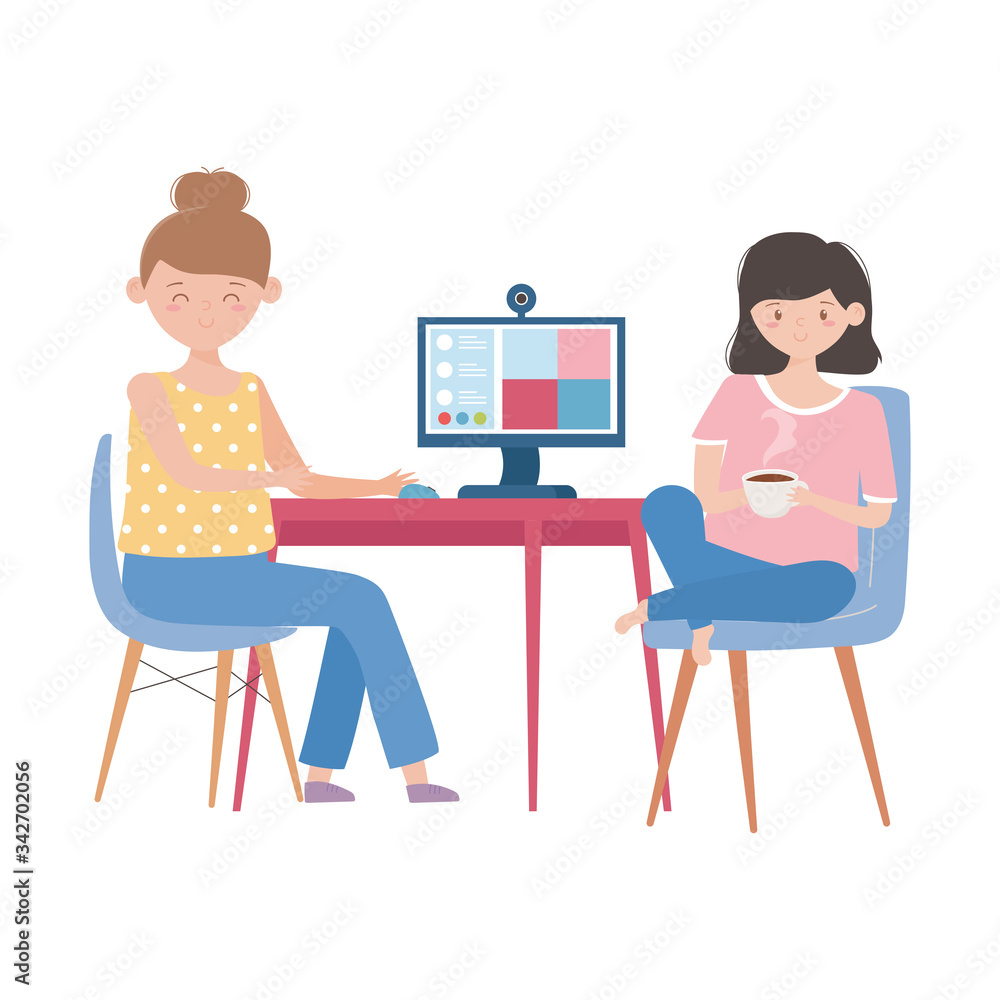 stay at home, meeting online, women with computer talking video stay at home, meeting online, women with computer talking video