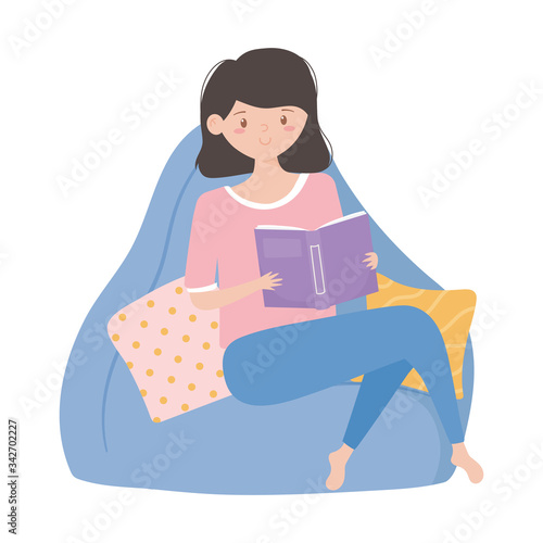 girl reading book on chair isolated icon on white background