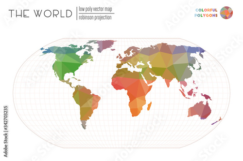 Low poly design of the world. Robinson projection of the world. Colorful colored polygons. Beautiful vector illustration.