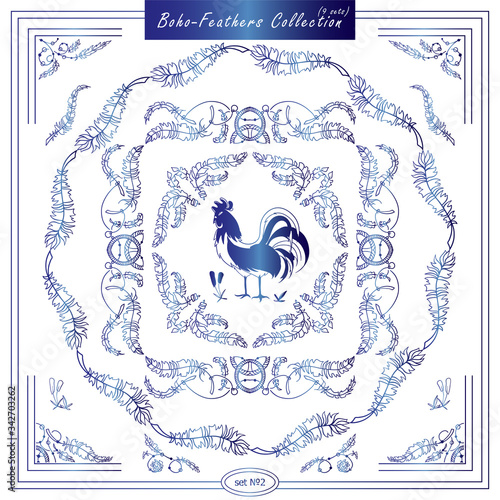 Vector set of vintage square and round frames. Ornamental corners, bird feathers, dividers, roosters. Frames in boho, indian, tribal style for arts, wedding card, invitation. Blue gzhel style