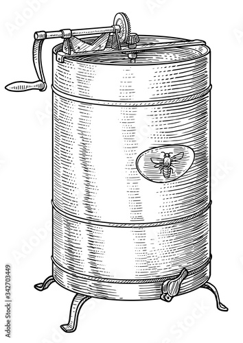 Handy honey extractor illustration, drawing, engraving, ink, line art, vector