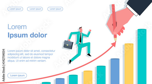 Businessman with a portfolio runs up the schedule. Huge hand draws a graph. Business vector concept illustration.