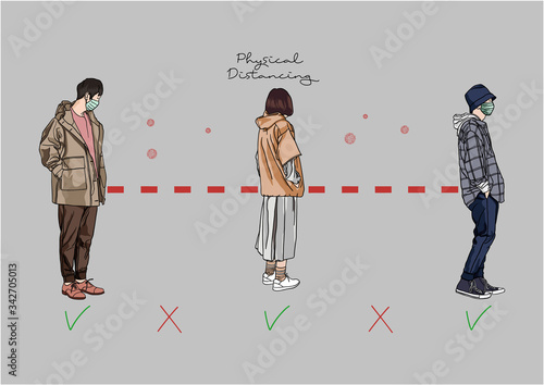 Vector Illustration of People practicing Social Distancing or Physical Distancing during COVID-19 pandemic / outbreak, Coronavirus changes our way of life