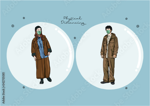 Vector Illustration of People practicing Social Distancing or Physical Distancing during COVID-19 pandemic / outbreak, Coronavirus changes our way of life
