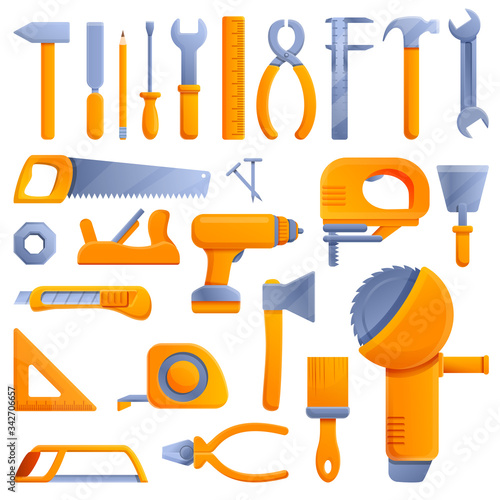 Carpenter tools icons set. Cartoon set of carpenter tools vector icons for web design