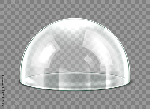 Glass dome isolated on transparent background. Realistic 3d detailed spherical glass dome cover. Vector illustration