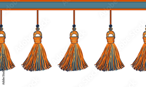 Vector seamless border pattern. Horizontal decorative tassels from yarn or tread with beads, ropes, flat macrame style. Halloween theme elements, orange, red, black colors, perfect for decor, cards